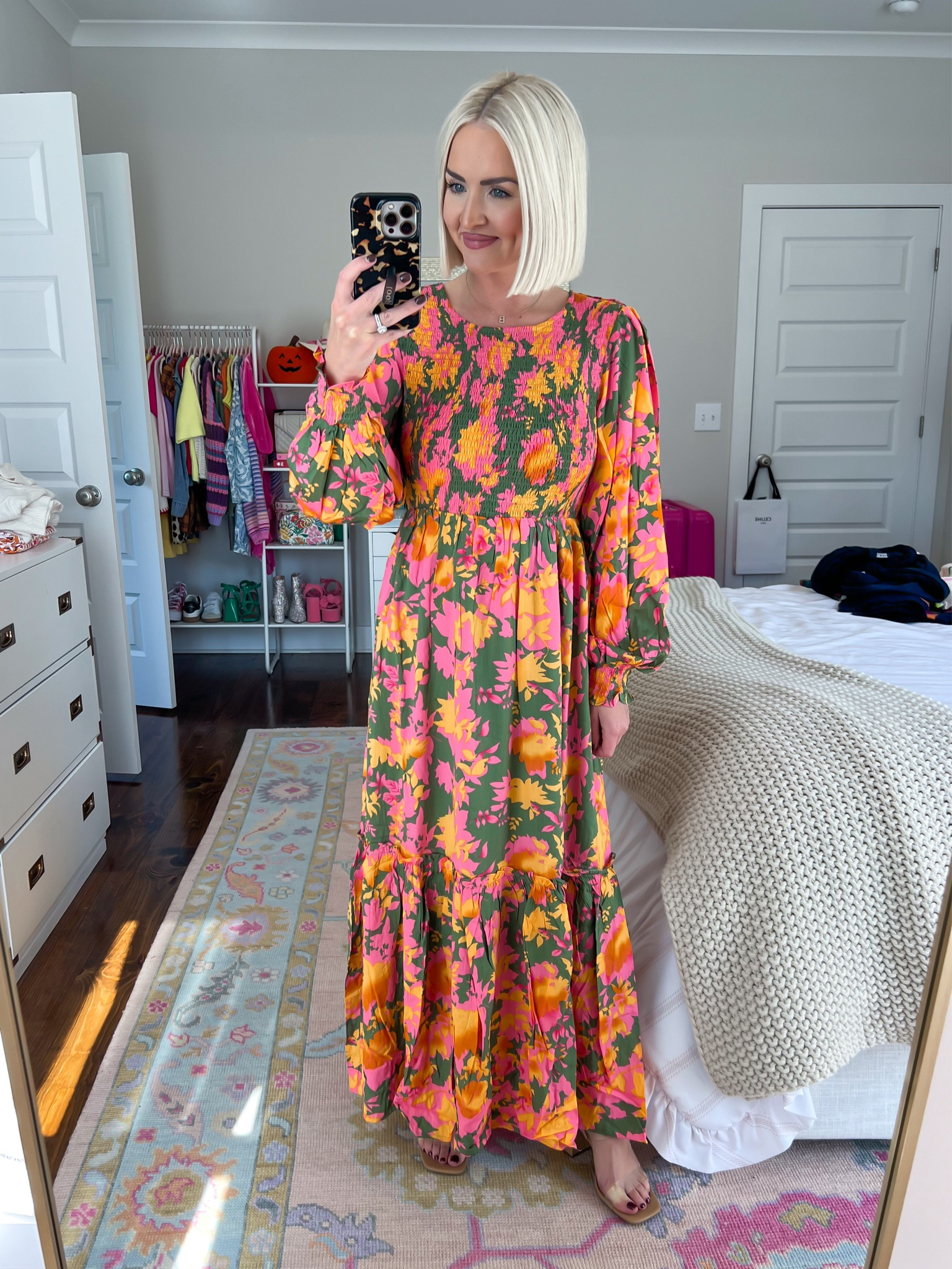 Fall floral print dress / family pictures dress / fall family photos / pink and orange fall dress
Size: small 
15% off with KELSIE15 

#LTKFamily #LTKFindsUnder100