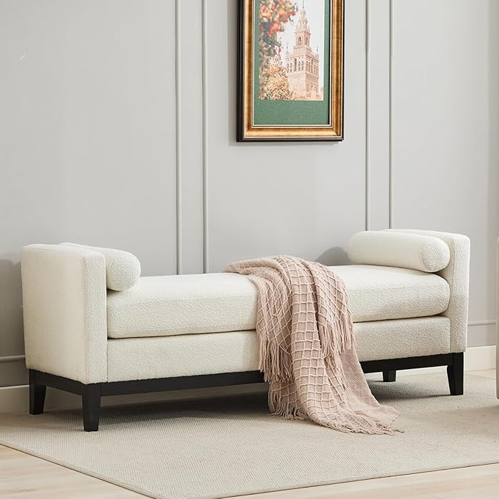 Sudwesto 66.34" Ottoman Bench, Boucle Upholstered End of Bed Bench with Bolster Pillows, Modern L... | Amazon (US)
