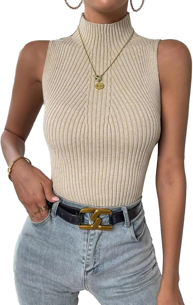 Turtle Necks Tops for Women Summer Mock Neck Sleeveless Sweater Top Ribbed Knit Solid Slim Fit Pu... | Amazon (US)