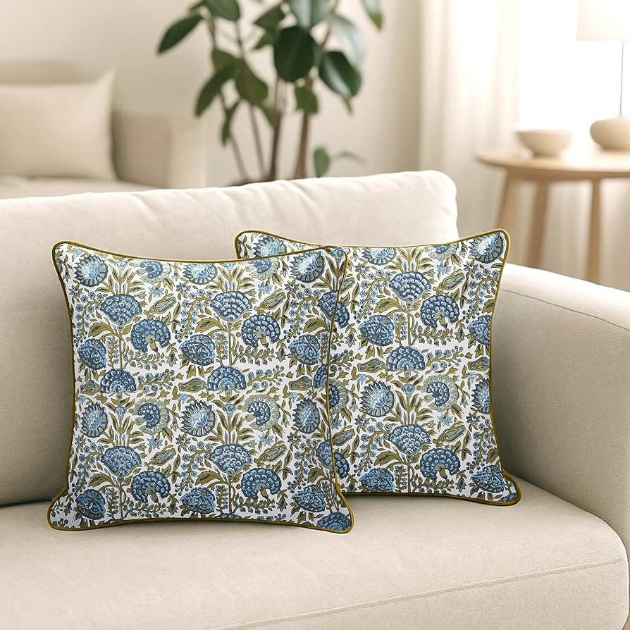 SheetKart Pure Cotton Throw Pillow Covers - Set of 2 - Hand Block Pure Cotton Printed Boho Decorative Pillow Covers - Cushion Covers for Living Room, Bohemian Theme, 17 x 17 Inches, Midnight Olive | Amazon (US)