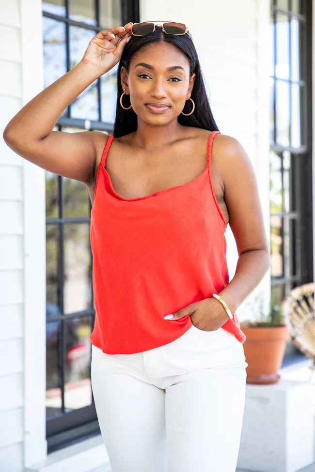 Summer At Dusk Tomato Braided Strap Cowl Neck Tank FINAL SALE | Pink Lily