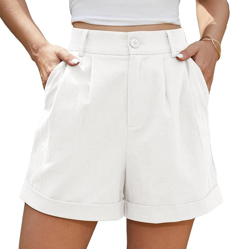 Jouica Womens Summer High Waist Linen Shorts Roll Up Pleated Zippered Wrap Hem Wide Leg Shorts wi... | Amazon (US)