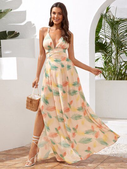 SHEIN Lace Up Back Tropical Print Dress | SHEIN