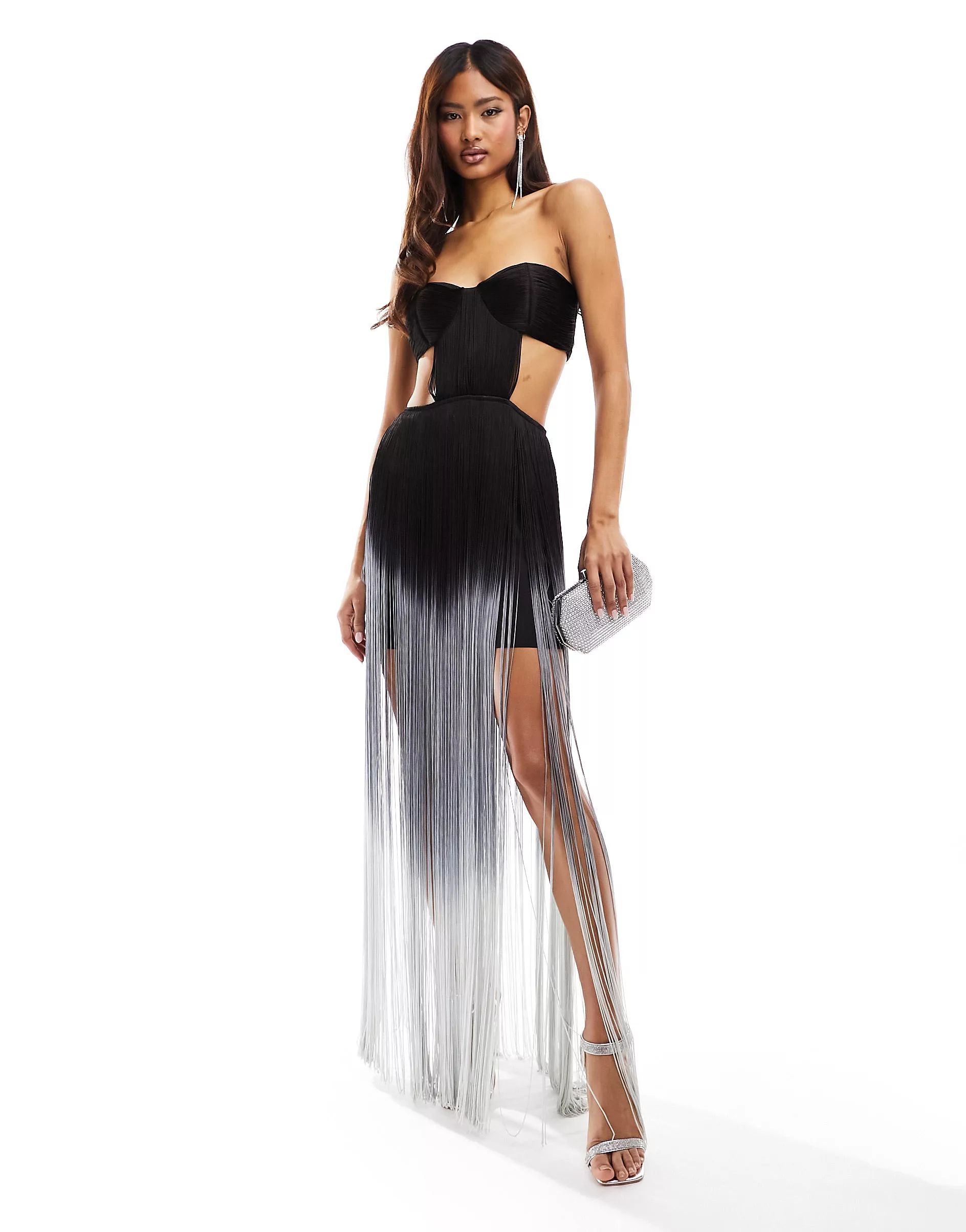 ASOS DESIGN bandeau fringe maxi dress with cut out detail in ombre | ASOS (Global)