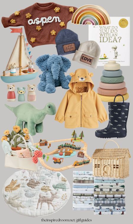 Gift ideas for babies and kids - embroidered custom name flower sweater, patterned rain boots, wood toys, baby name beanies, woven doll house, woodland play mat, flannel sheetsand more.

See more gift ideas at theinspiredroom.net/giftguides 

#LTKkids #LTKfamily #LTKHoliday