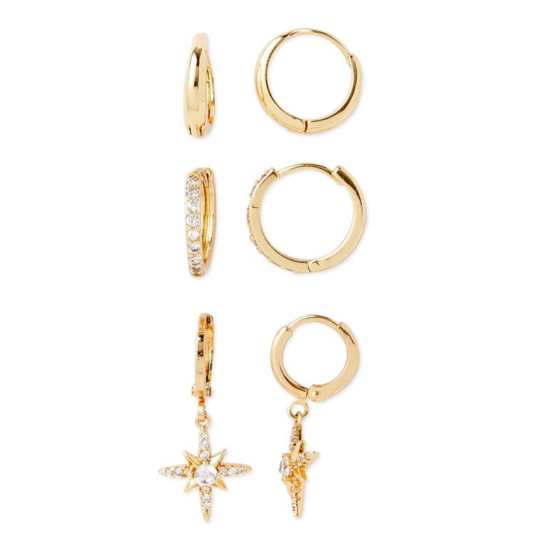 Scoop Womens 14KT Gold Flash-Plated Cubic Zirconia Starburst Hoop Earring Trio, 3-Piece | Walmart (US)