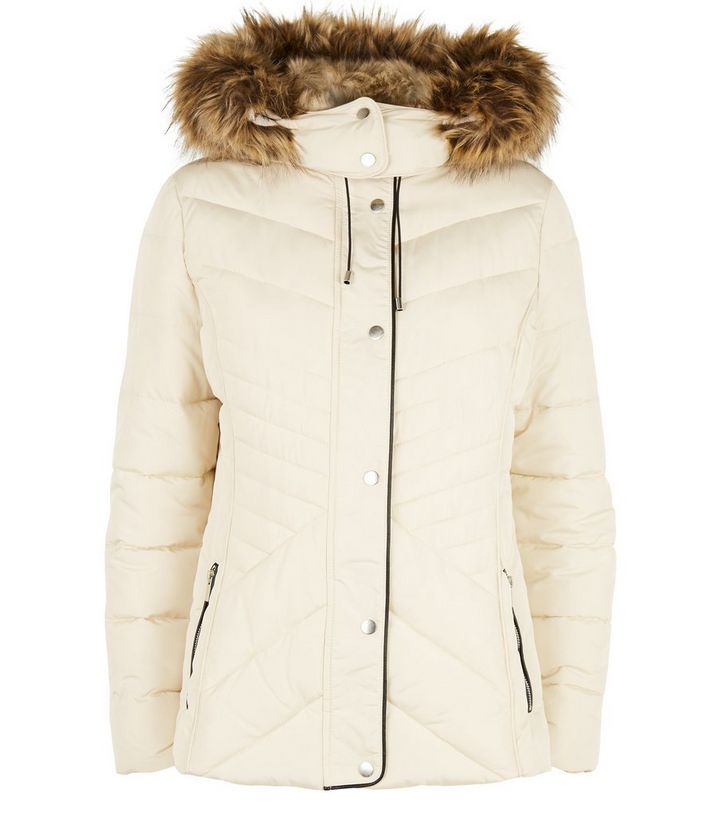 Stone Faux Fur Trim Fitted Puffer Jacket | New Look | New Look (UK)