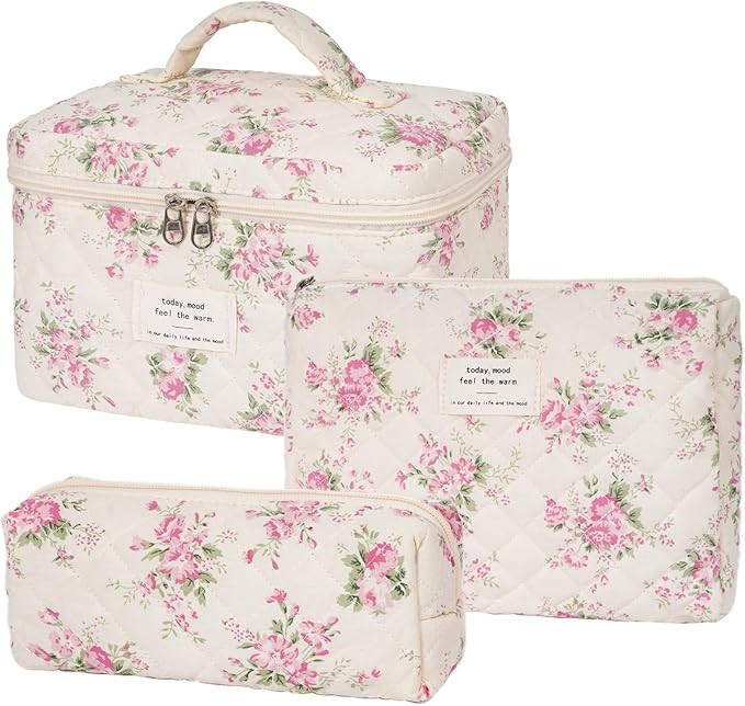 Quilted Makeup Bag,Large Cosmetics Bag Set,Cotton Coquette Floral Make up Pouch,Travel Toiletry B... | Amazon (US)