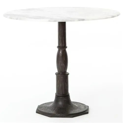 Hervey French White Marble Dark Grey Iron Pedestal Dining Table - 36" | Kathy Kuo Home