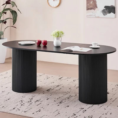 70.9" Oval Dining Table, 6-Seater Modern Black Dinner Table with Fluted Double Pedestal Fully Assembled Base, Black | Wayfair North America