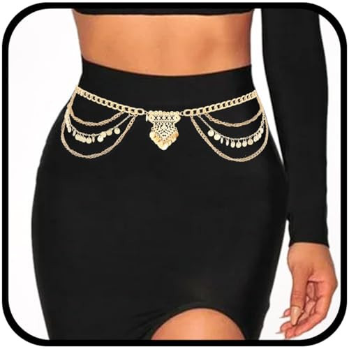 Urieo Boho Sequin Tassel Waist Chain Belt Pendant Gold Belly Chains Layered Metal Adjustable Bikini Party Dress Chain Belts Body Jewelry Accessories for Women and Girls | Amazon (US)