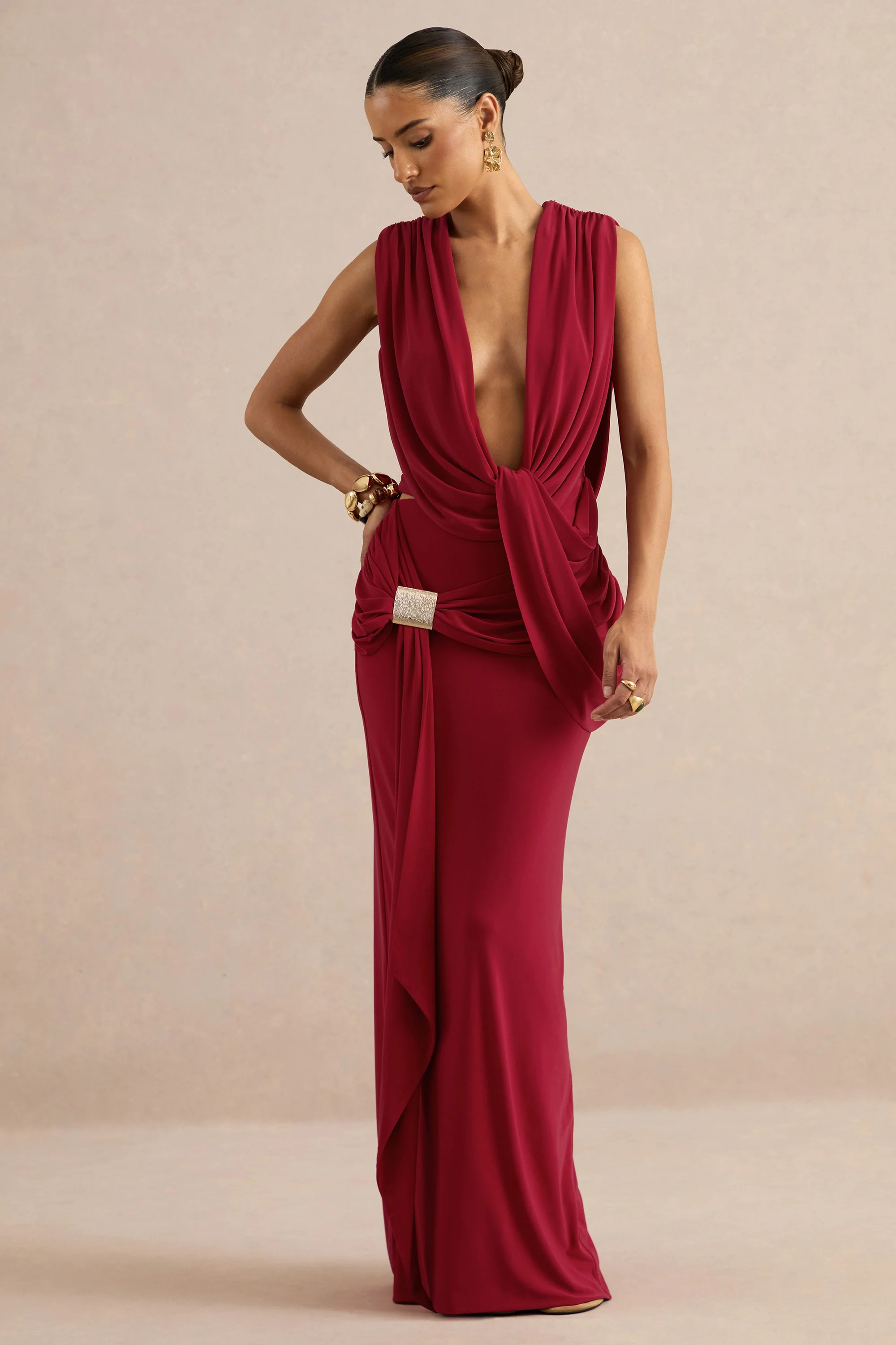 Lilias | Red Maxi Skirt With Draped Detailing And Gold Detail | Club L London