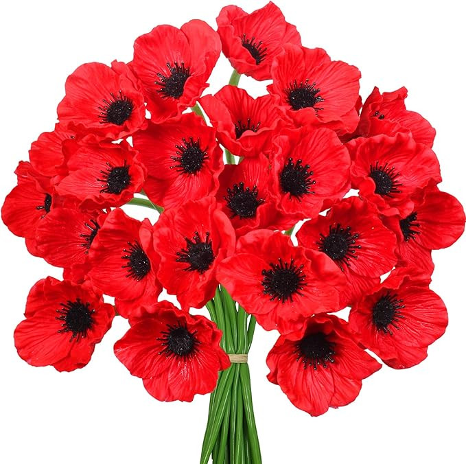 24 pcs Artificial Red Poppy Anemone Stems PU Real Touch Poppy Anemones Fake Flowers in Red with B... | Amazon (US)