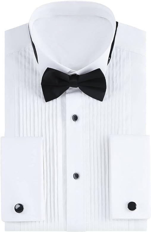 Gollnwe Men's Tuxedo Shirt Wing Collar French Cuffs with Cufflinks and Bow Tie | Amazon (US)