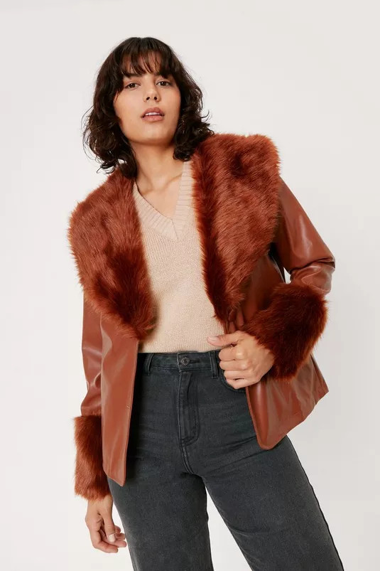 Faux Fur Trimmed Faux Leather Blazer | Nasty Gal (US)