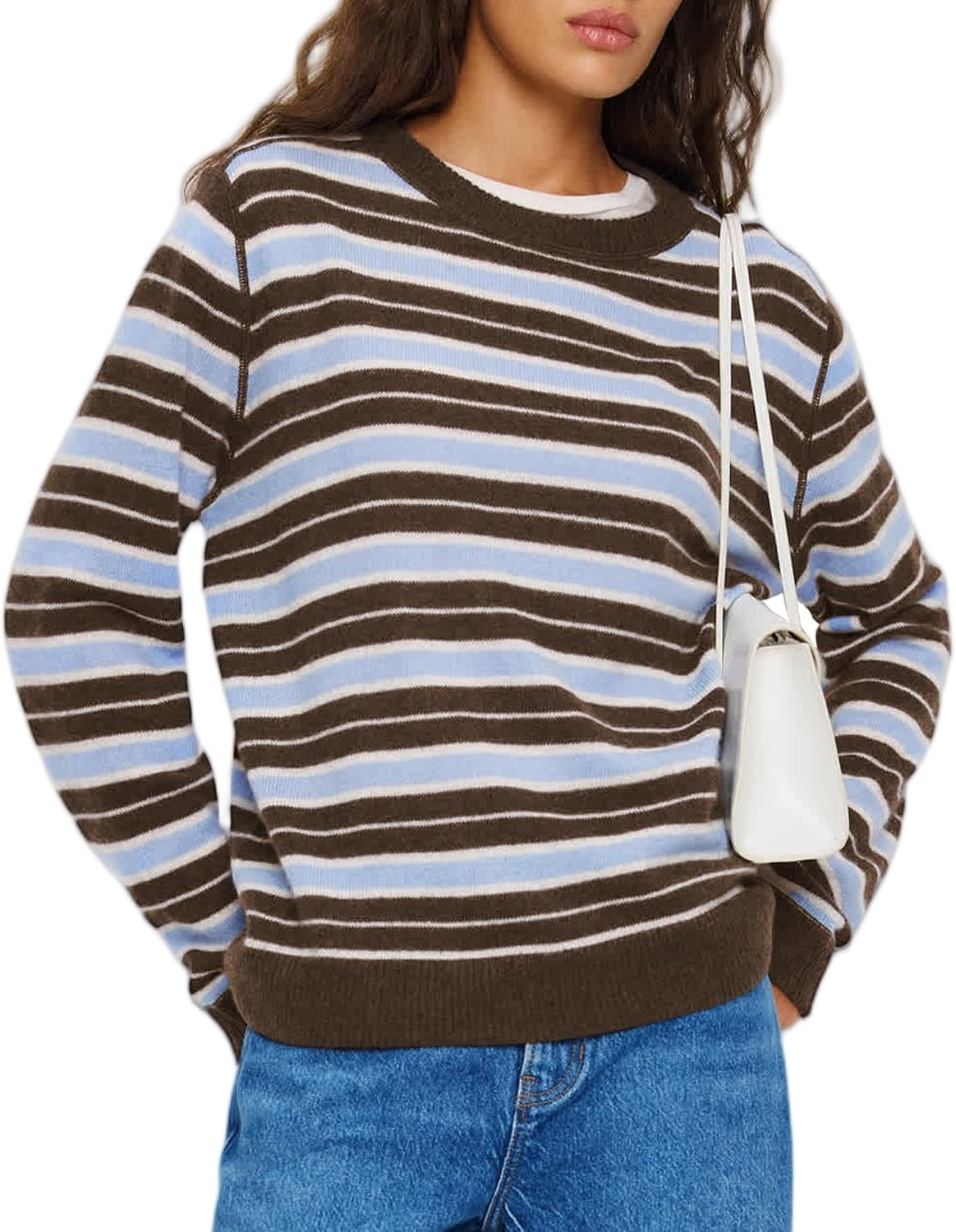 Hixiaohe Womens Casual Striped Sweater Pullover Vintage Crew Neck Long Sleeve Ribbed Knit Tops Comfy Soft Loose Fall Jumper | Amazon (US)