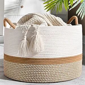 KAKAMAY Large Blanket Basket (20"x13"),Woven Baskets for storage Baby Laundry Hamper, Cotton Rope... | Amazon (US)
