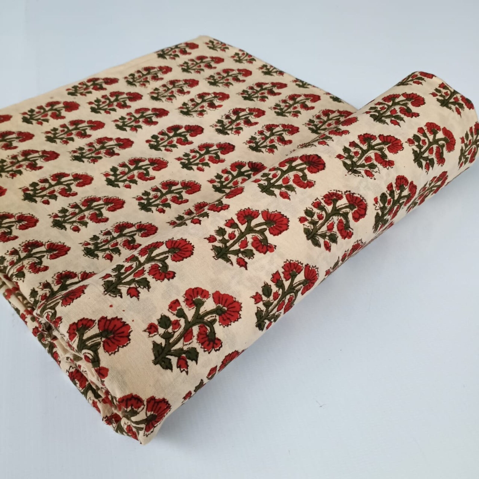 Beige Red Block Print Fabricfloral Print Fabricby the | Etsy | Etsy (US)