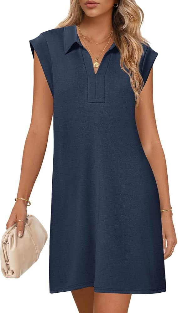 MEROKEETY Women's 2026 Summer Short Sleeve Mini Dress Casual Collared V Neck Loose T Shirt Dresse... | Amazon (US)