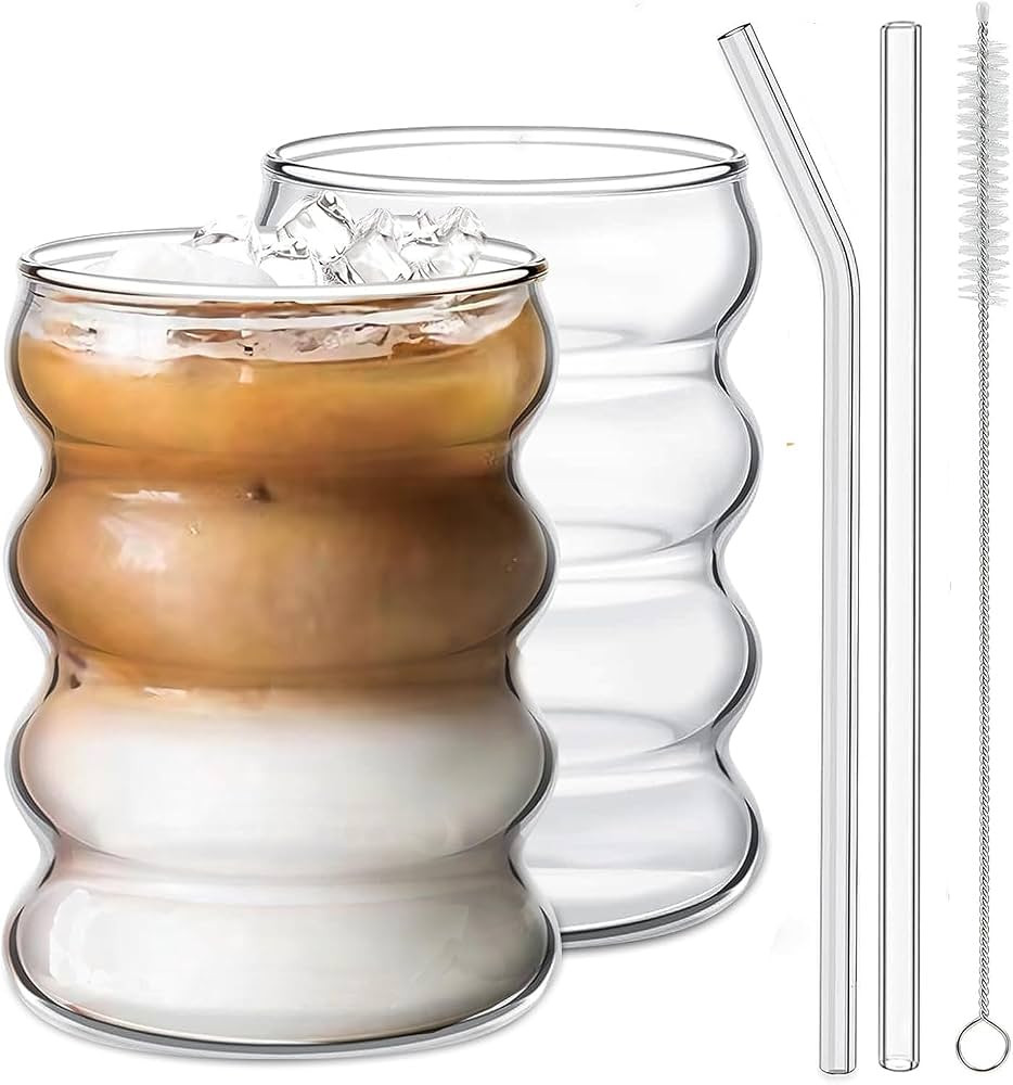 NINU Ribbed Drinking Glass Cups with Glass Straws Set of 2, 12 oz Aesthetic Iced Coffee Glasses, ... | Amazon (CA)