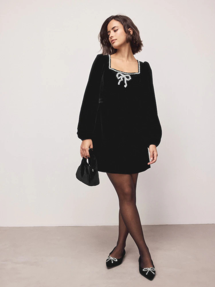 Black Velvet Embelished Bow Long Sleeve Mini Dress | Next EU