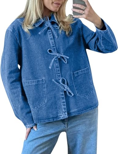 COZYPOIN Women's Tie Front Bow Denim Jacket Cropped Jean Shirts Lightweight Long Sleeve Spring Fall Y2K Top with Pockets | Amazon (US)