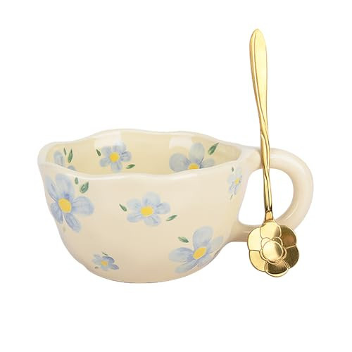 XinHuiGY Cute Coffee Mug,Ceramic Tea cup,Kawaii coffee mugs,Handmade Creative Flower Pink mug with Spoon,Aesthetic mugs for milk Cappuccino Cocoa,8.5 oz Cheery Mug Gift for Women Christmas (Blue) | Amazon (US)