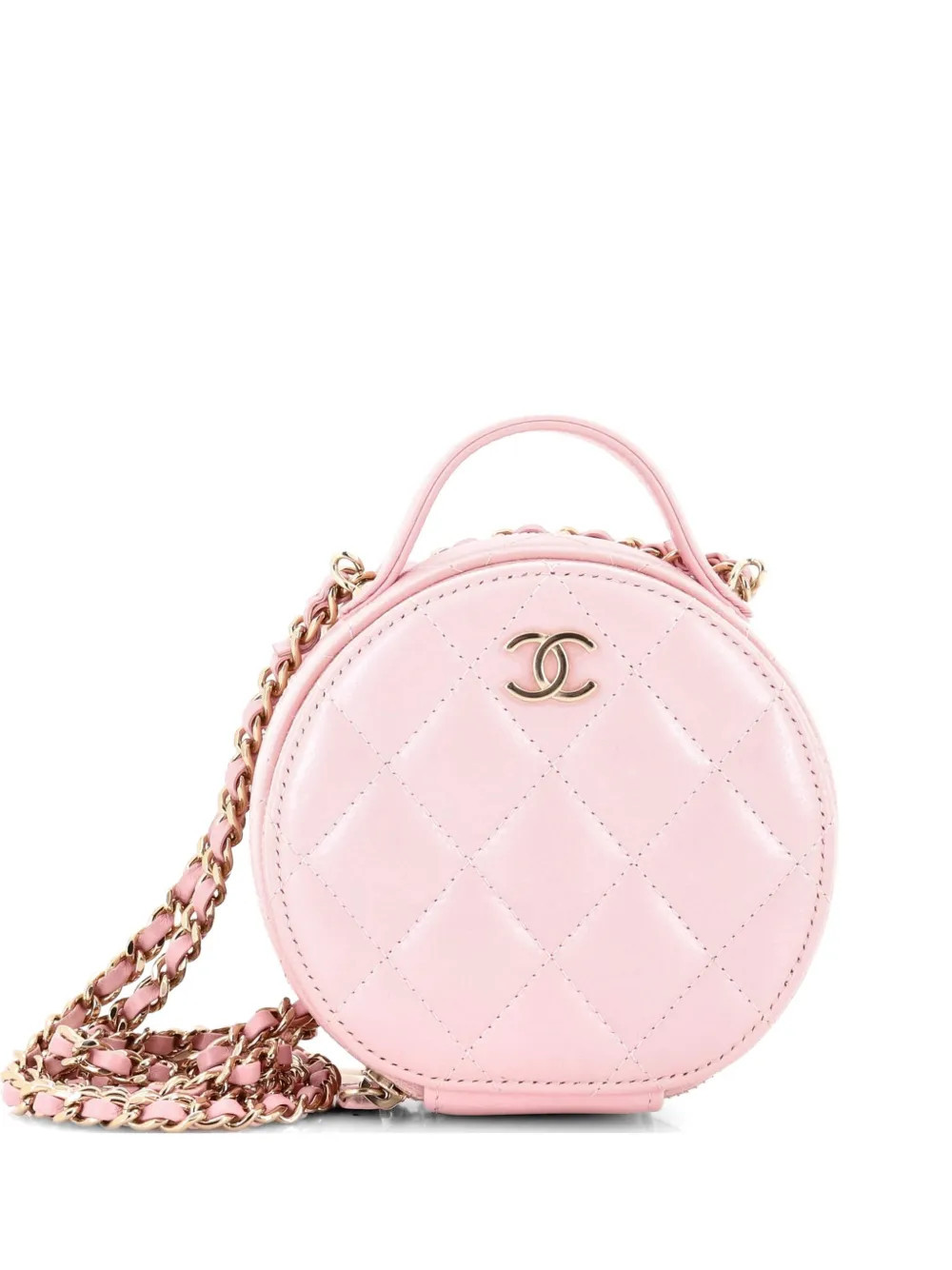 CHANEL Pre-Owned Handle with Care Round Vanity Case with Chain Quilted Lambskin Small crossbody bag - Pink | Farfetch Global