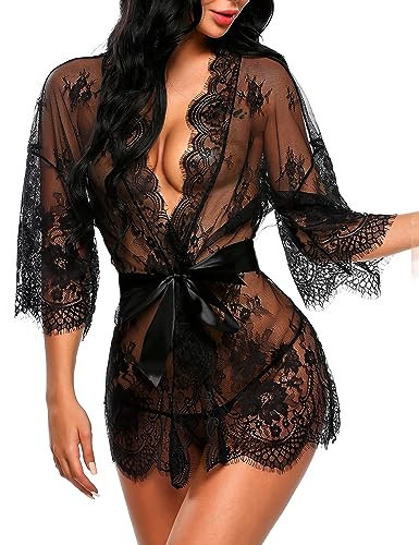 Avidlove black lace robe women Women's Lace Kimono Robe Babydoll Lingerie Mesh Nightgown Black S | Amazon (US)
