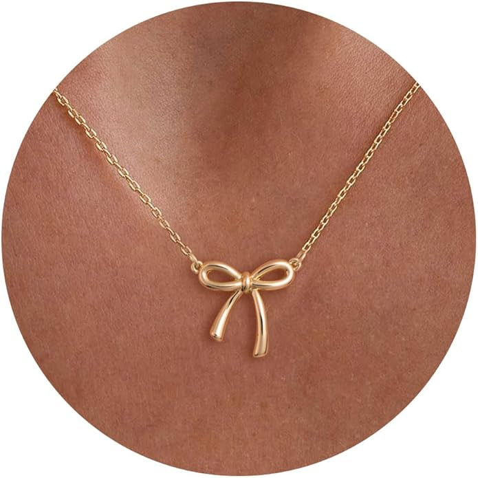 HANLI Gold Necklace for Women - Bow Necklace 14K Gold Plated Dainty Cubic Zirconia Bow Necklace S... | Amazon (US)