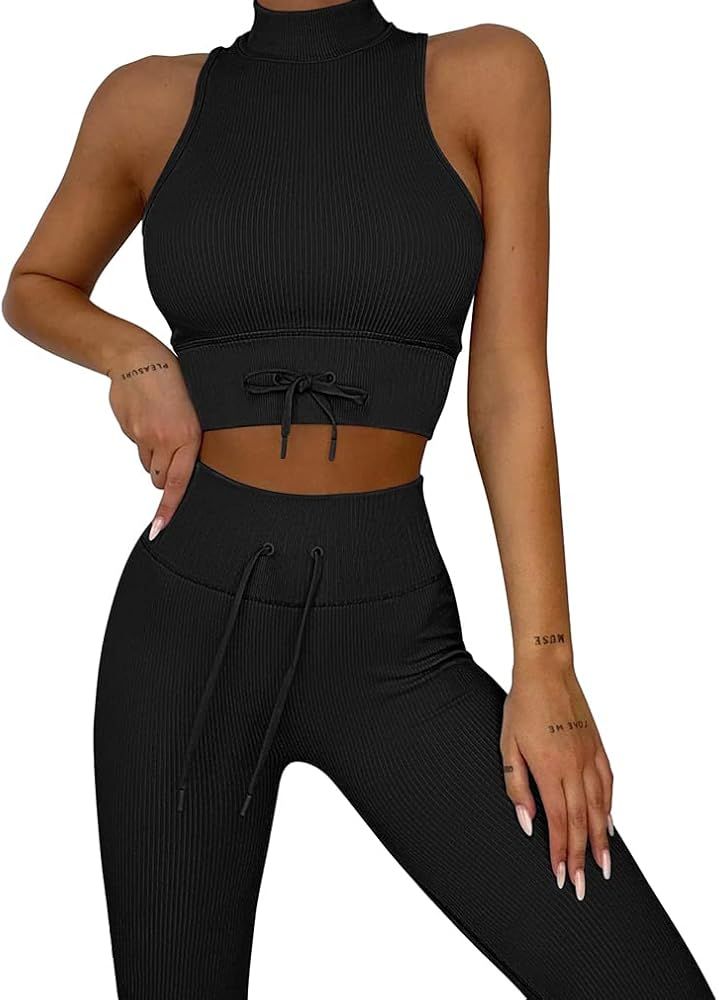 OQQ Workout Outfits for Women 2 Piece Seamless Ribbed Crop Tops With High Waits Leggings Exercise Se | Amazon (US)