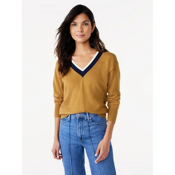 Free Assembly Women’s Contrast V-Neck Sweater with Long Sleeves, Midweight, Sizes XS-XXL | Walmart (US)