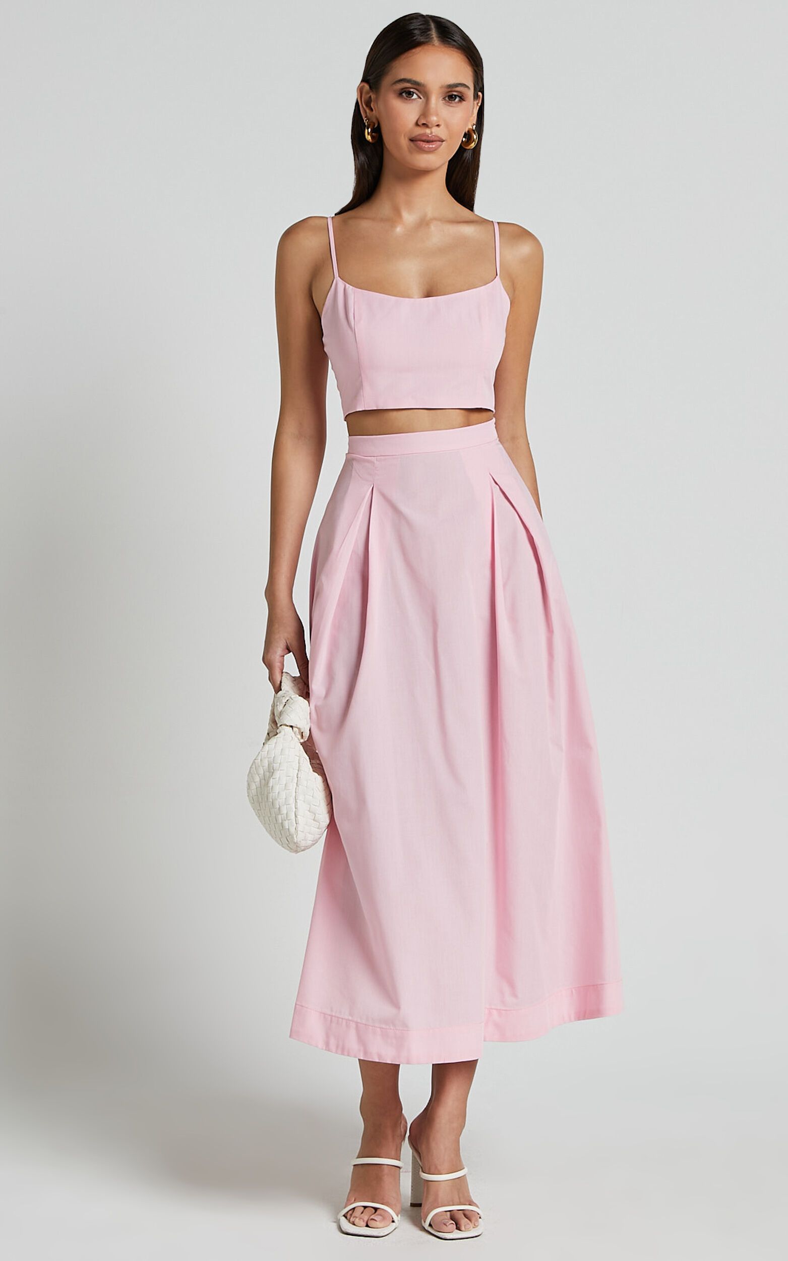 Rosalee Two Piece Set - Strappy Crop Top and High Waisted A Line Midi Skirt Set in Pink | Showpo (US, UK & Europe)