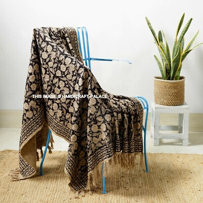 Indian Hand Block Print Blanket Handloom Floral Beige & Black Cotton Sofa Throw | eBay US