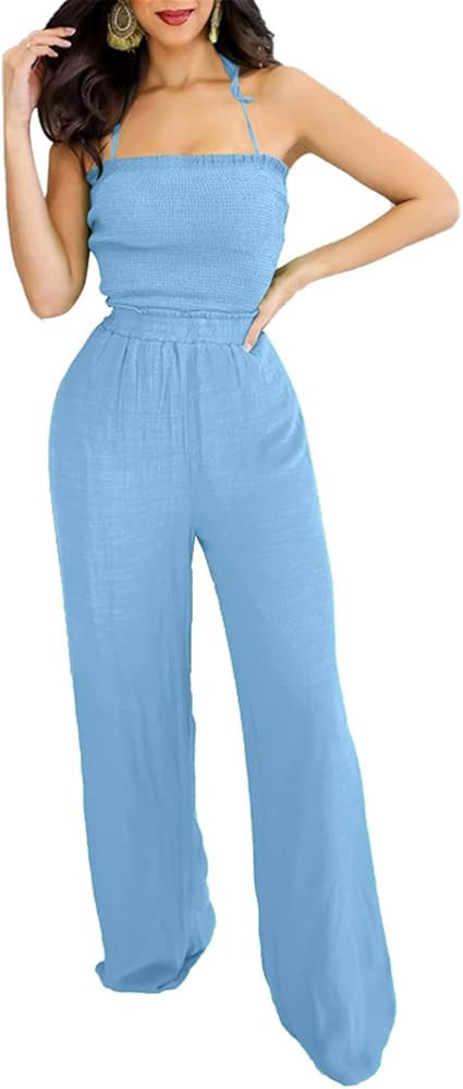 Qikaka Women's Sleeveless Lace Up Ruched Solid Bodycon Wide Leg Sexy Nightclub Party Jumpsuit Rom... | Amazon (US)