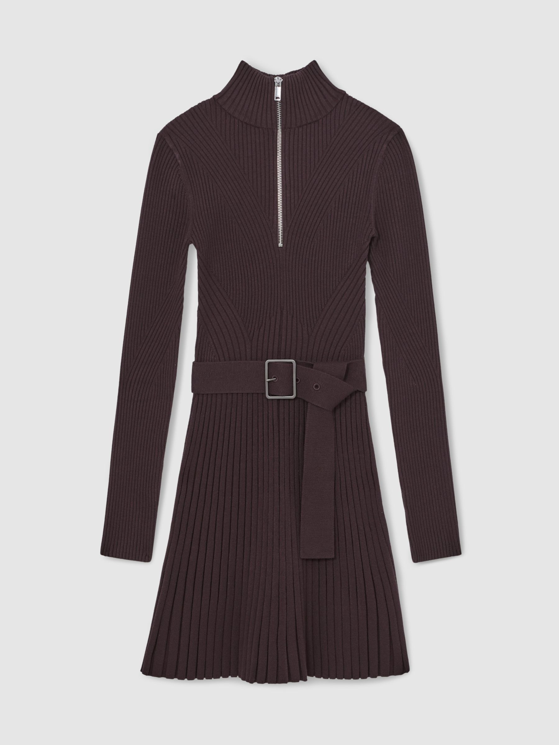 Rib-Knit Belted Half-Zip Flippy Dress in Plum Purple | Reiss UK