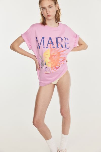 Printed T-shirt - Round Neck - Short sleeve - Pink/Mare - Ladies | H&M US | H&M (US + CA)