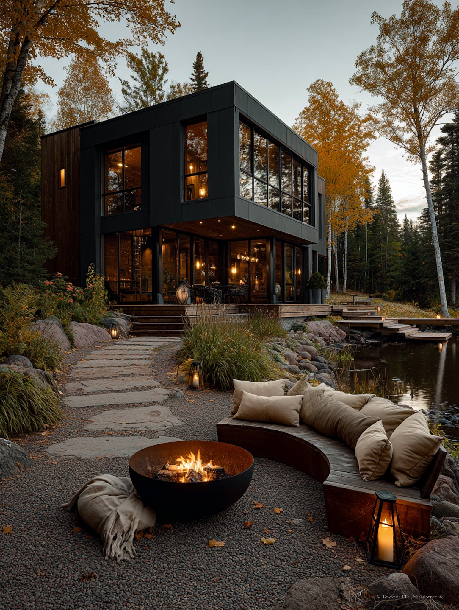 The Black Lake House is where moody modern design meets lakeside calm. Think matte black cabinetry, warm woods, soft linens, and stone textures layered for quiet luxury and effortless living. This is an interior that invites slow mornings, glowing firelight, and thoughtful design moments—every detail grounded, intentional, and timeless. 🖤

#LTKHome #LTKTravel