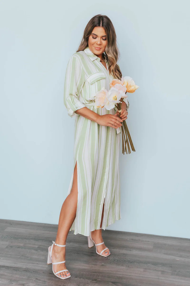 Instant Impression Lime Striped Button Down Midi Dress | Apricot Lane Boutique