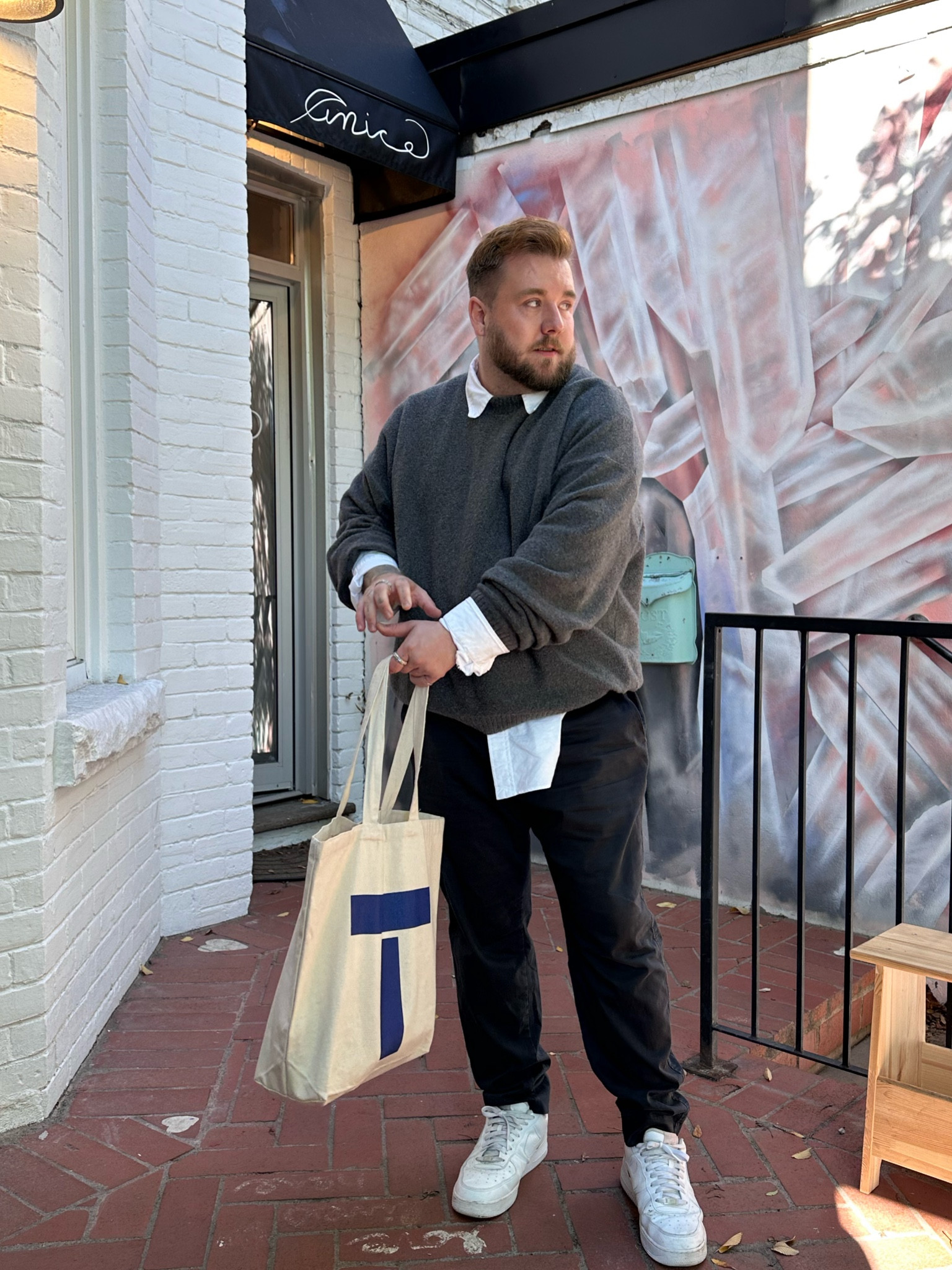 Smart every day fall loom. Somthing easy to wear to a cafe, shopping, friends. 

A knit sweater and oversized button up with a comfy pant and sneaker 