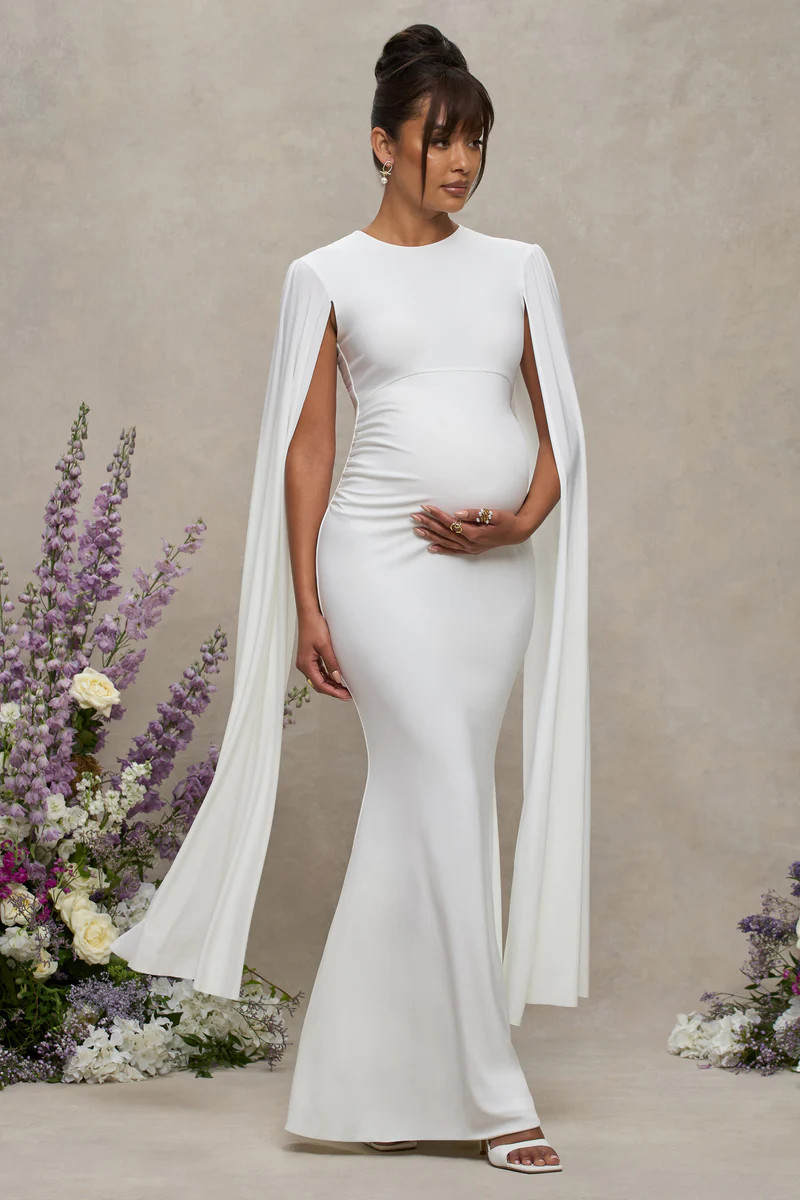 Divine Timing | White Maternity Maxi Dress With Cape Sleeves | Club L London
