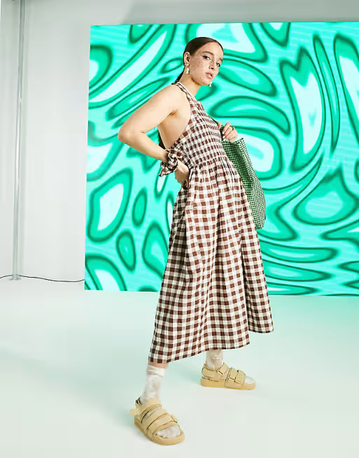 COLLUSION shirred halterneck gingham midi sundress in brown | ASOS (Global)