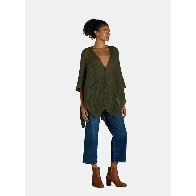 Time and Tru Women's Knit Fashion Ruana with Single Button, One Size, Faded Green | Walmart (US)