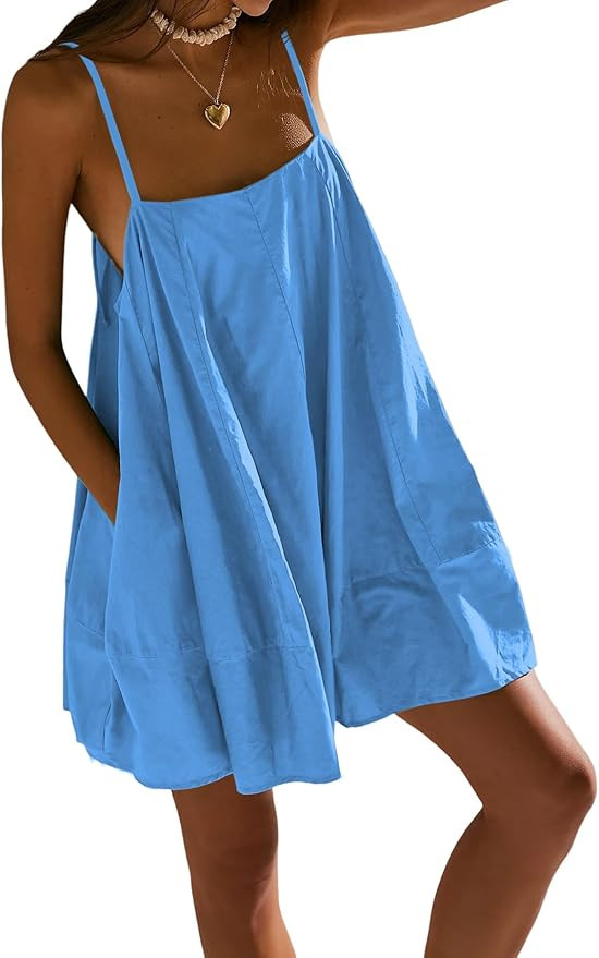 Fisoew Womens Oversized Spaghetti Strap Mini Dress Sleeveless Flowy Casual Summer Dresses | Amazon (US)