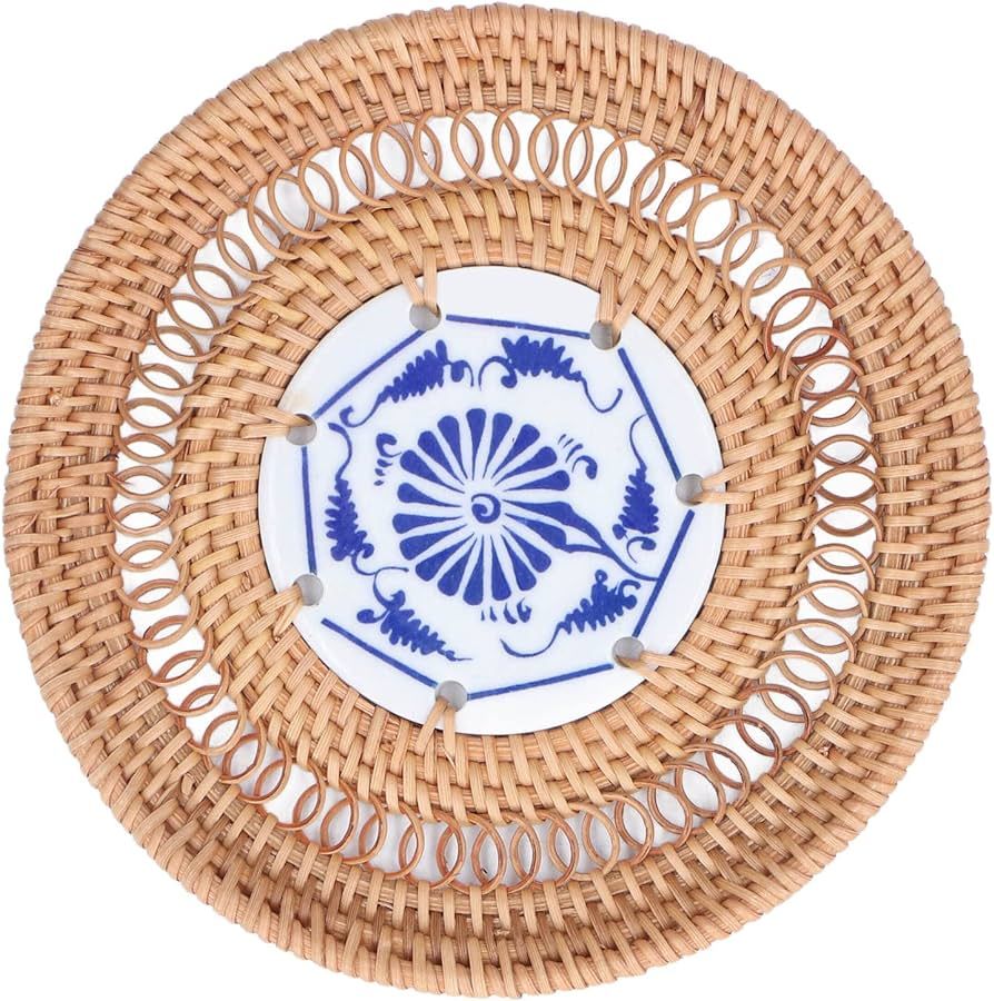 Rattan Trivets for Hot Dishes, Round Woven Rattan Blue White Porcelain Drinks Coasters, for Woode... | Amazon (US)