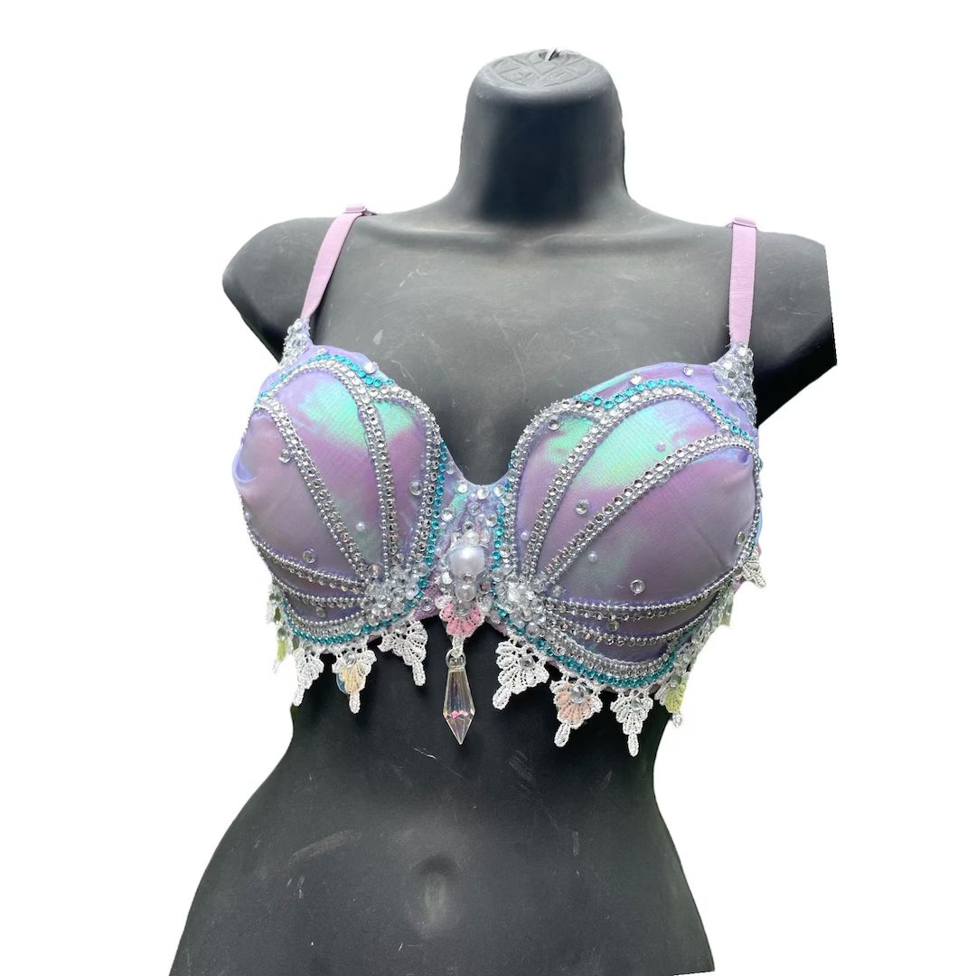 Iridescent Opal Mermaid Rave Bra Top (Made to Order Item): a lavender base, center Pearl, and sil... | Etsy (US)