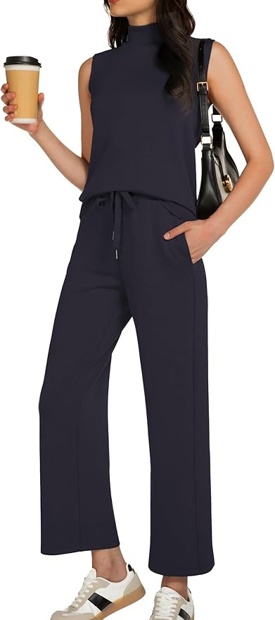 Women's Summer 2 Piece Outfits Mock Neck Tank Top Cropped Wide Leg Pants Lounge Sets 2025 Fashion... | Amazon (US)