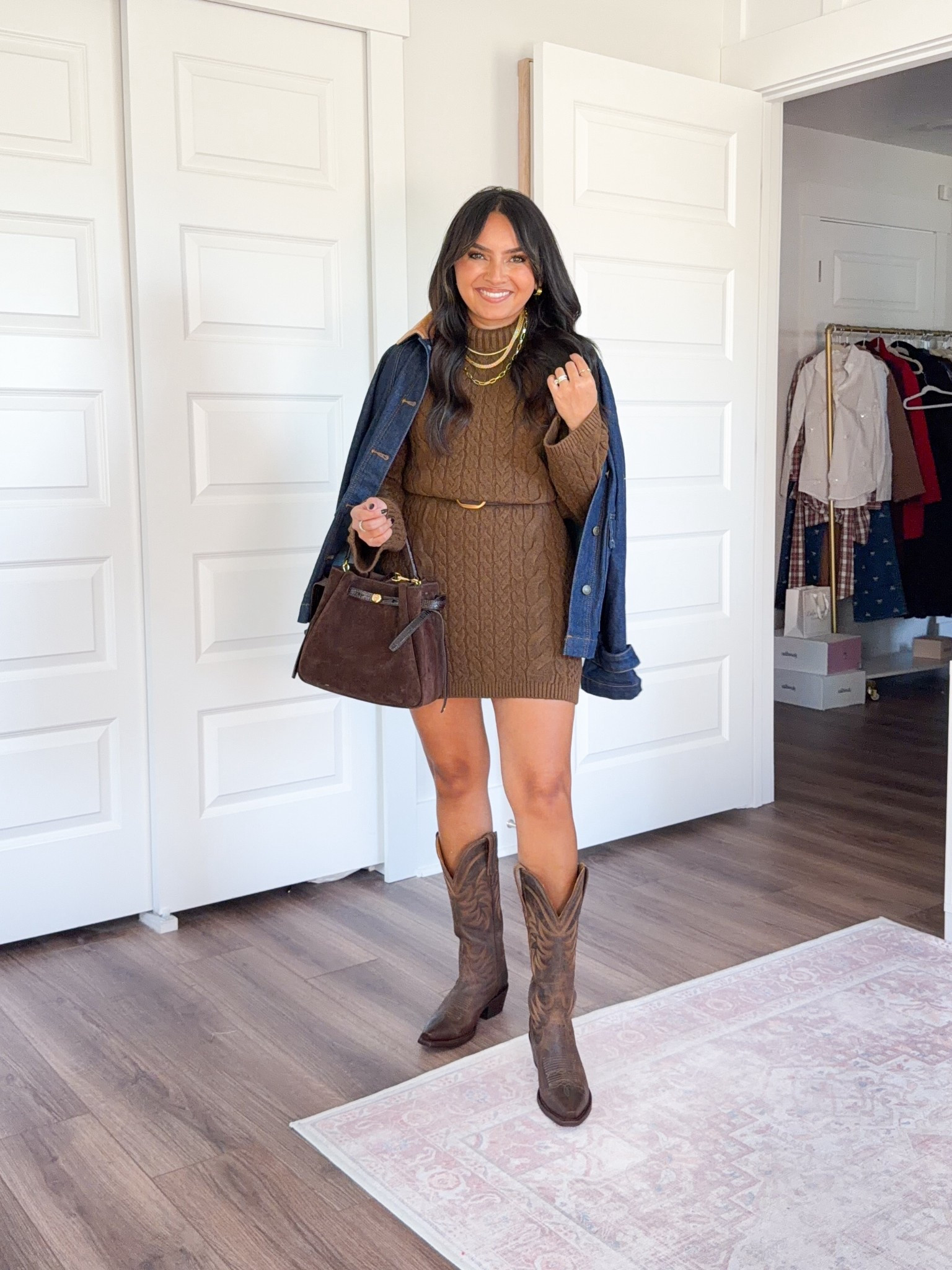 Coffee Brown cable knit  sweater dress size xs TTS
Dark brown belt 27” - 31”
Denim jacket size xxs petite - sized down a size, runs big
Brown cafe color cowgirl boots size 5.5 Brown cafe color cowgirl boots size 5.5 - sized down a half size!


#LTKHoliday #LTKPetite #LTKStyleTip