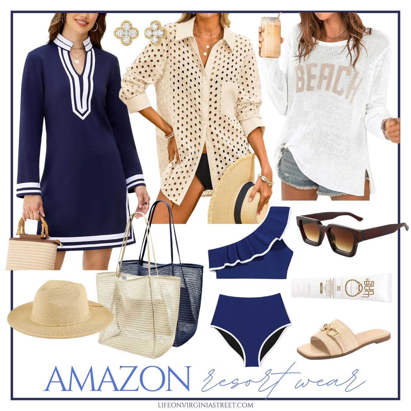 Chic Amazon resort wear finds that look elevated, on a budget! Loving this colorblock shift dress, eyelet coverup, beach sweater, ruffle bikini, mesh beach tote, mineral sunscreen and raffia sandals. #ltktravel #ltkseasonal #ltksalealert #ltkover40 #ltkmidsize #ltkbeauty #ltktall spring break looks, beach vacation outfits 

 

#LTKSeasonal #LTKSaleAlert #LTKTravel