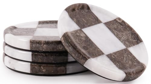 EarthenTones Marble Coasters Set of 4, White & Oceanic Handmade 4 inch Round Stone Coaster, Drink Checkered Coaster Plates for Coffee Table, Stylish Bar Accessories & Modern Home Décor | Amazon (US)